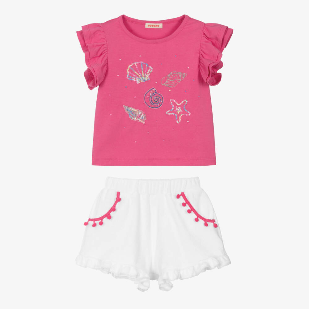 Joyday-Girls Pink & White Cotton Sequin Seashell T-Shirt & Shorts Set | Childrensalon Outlet