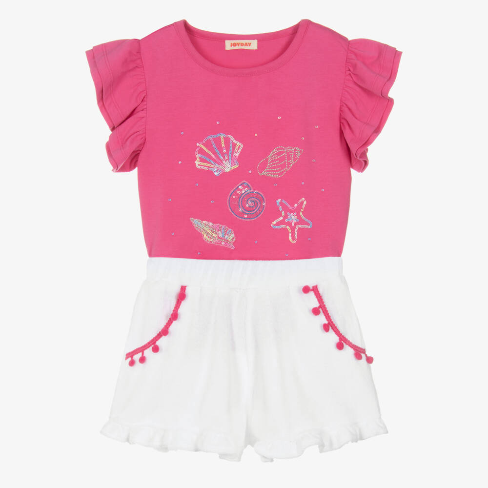 Joyday-Girls Pink & White Cotton Sequin Seashell T-Shirt & Shorts Set | Childrensalon Outlet