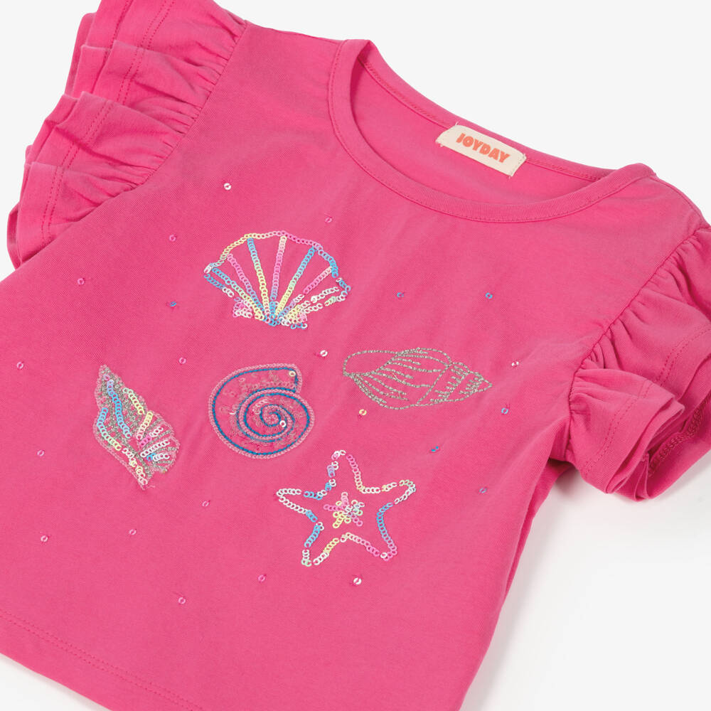 Joyday-Girls Pink & White Cotton Sequin Seashell T-Shirt & Shorts Set | Childrensalon Outlet
