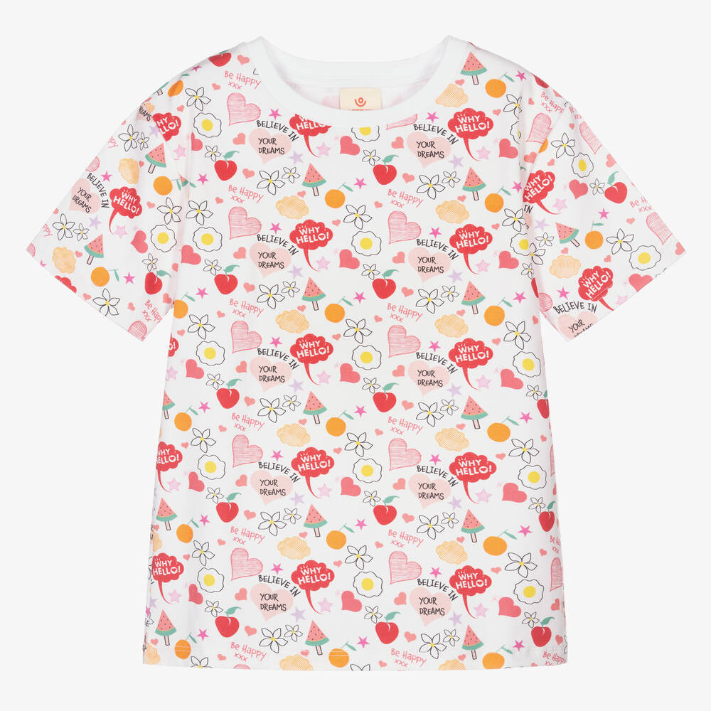 Joyday - Girls White Cotton Doodle T-Shirt | Childrensalon