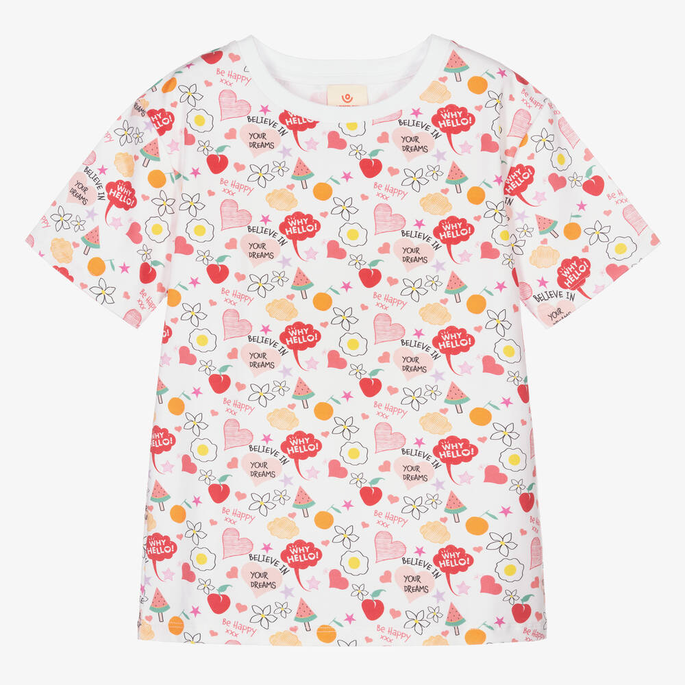 Joyday-Girls White Cotton Doodle T-Shirt | Childrensalon Outlet