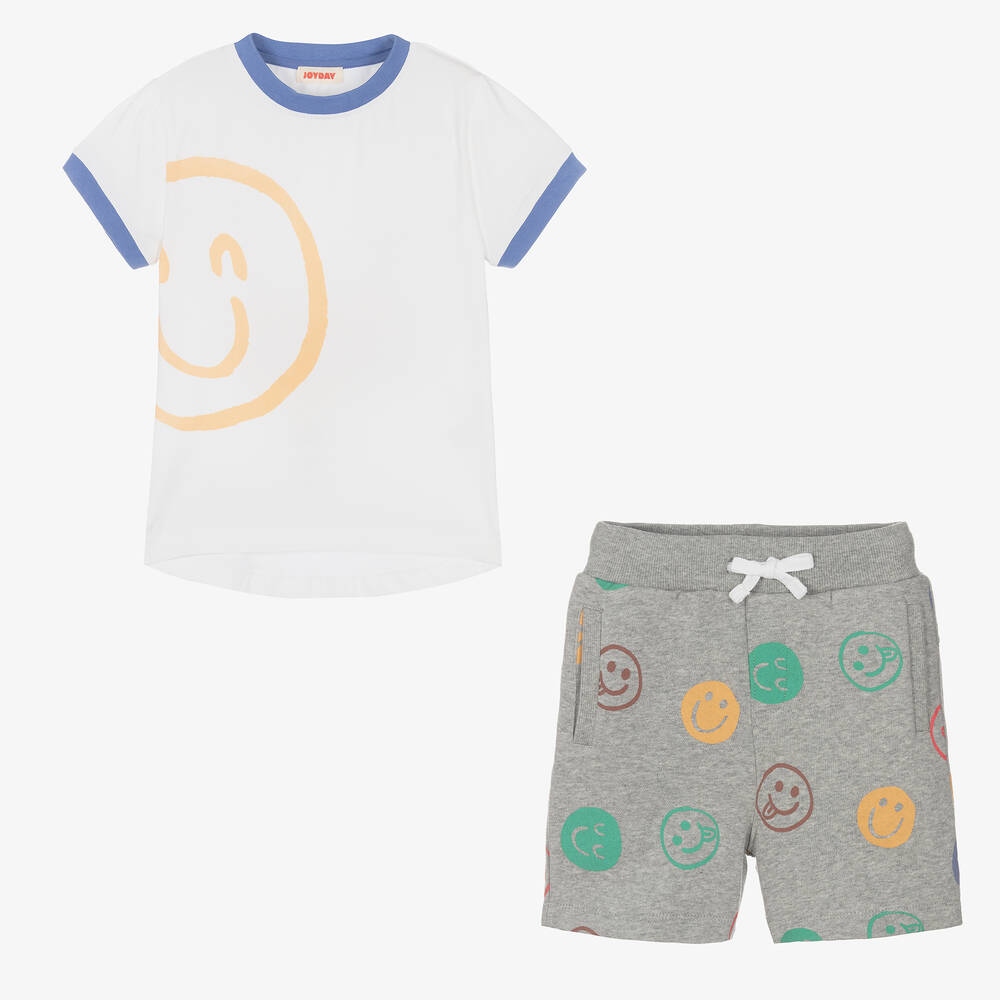 Joyday-Grey Marl Cotton Happy Faces Shorts Set | Childrensalon Outlet