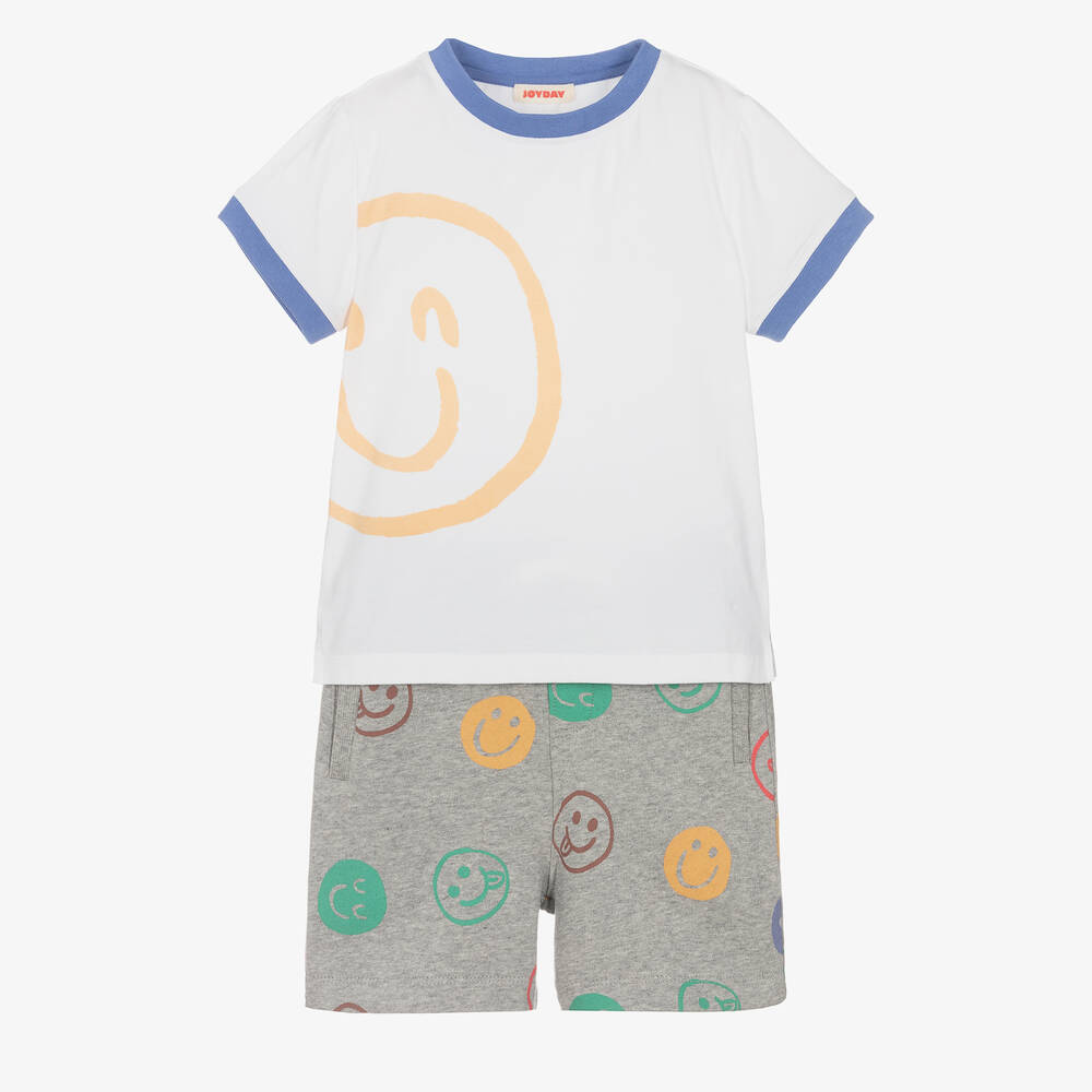 Joyday-Grey Marl Cotton Happy Faces Shorts Set | Childrensalon Outlet