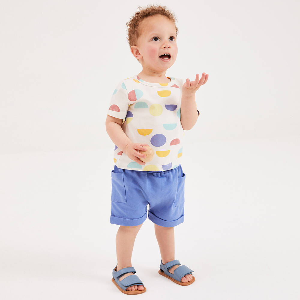 Joyday-Кремовый хлопковый топ с кругами и синие шорты | Childrensalon Outlet