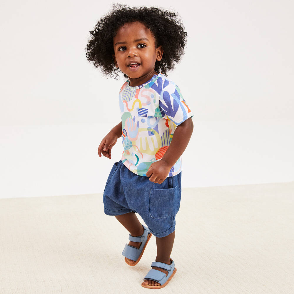 جويداي-طقم شورت أطفال ولادي قطن لون أبيض وأزرق | Childrensalon Outlet