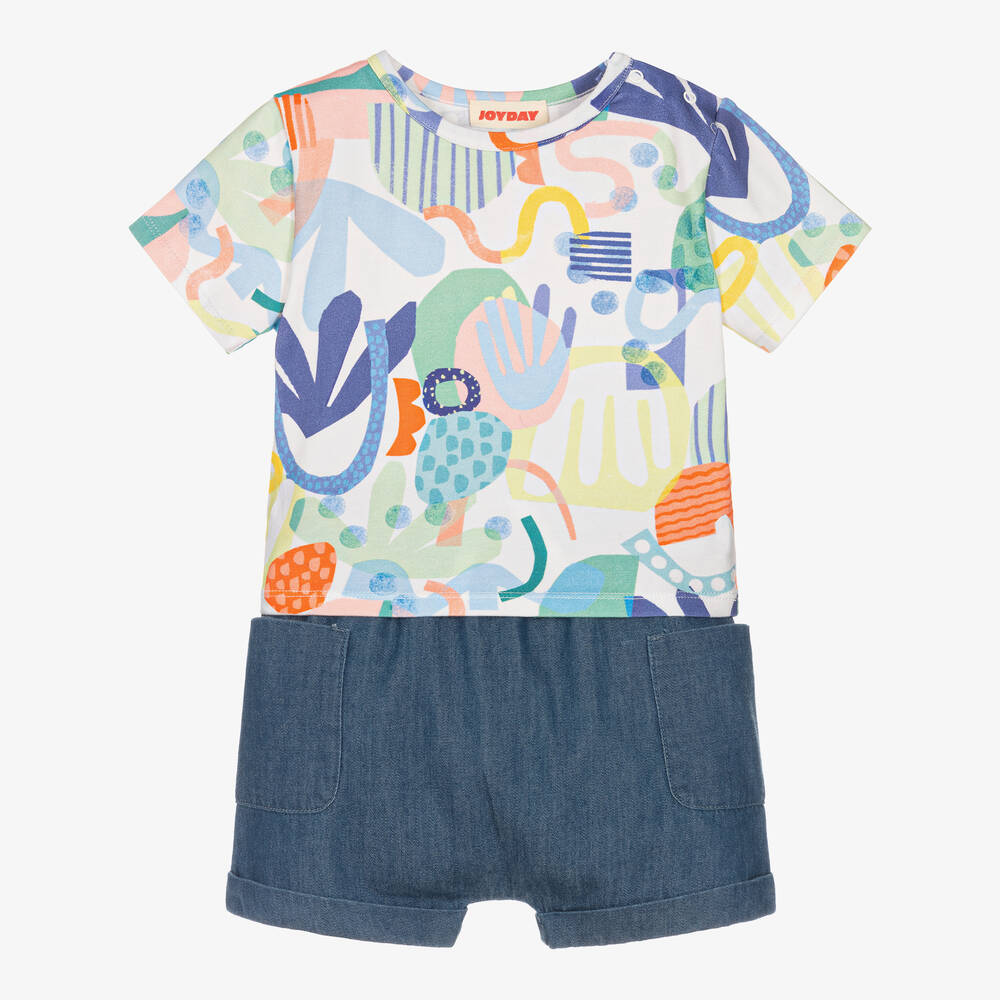 Joyday - White & Blue Cotton Baby Shorts Set | Childrensalon