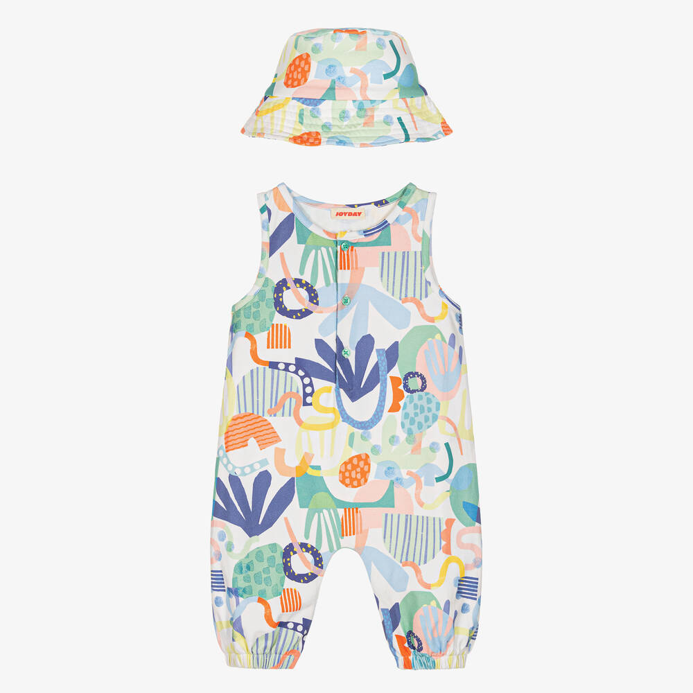 Joyday - White & Blue Cotton Playsuit & Hat Set | Childrensalon