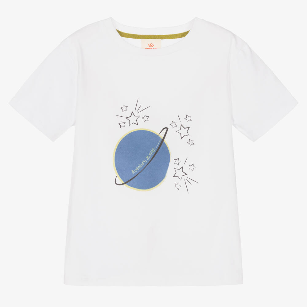 Joyday - White Cotton Planet & Stars T-Shirt | Childrensalon