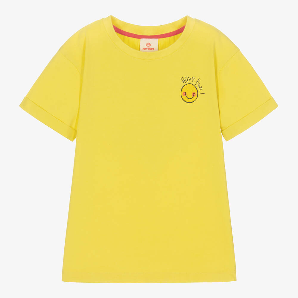 Joyday - T-shirt jaune en coton happy face | Childrensalon