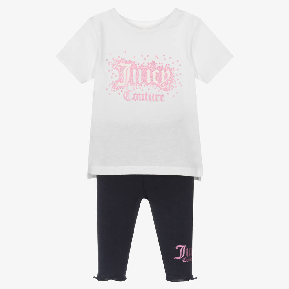 Juicy Couture - Baby Girls White & Blue Cotton Leggings Set | Childrensalon