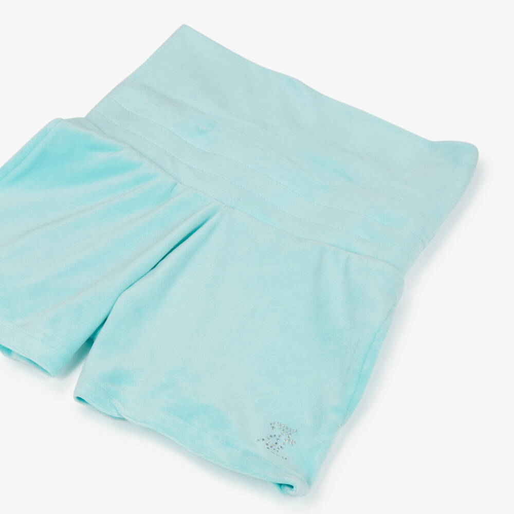 Juicy Couture-Girls Aqua Blue Velour Shorts with Diamanté Logos | Childrensalon Outlet
