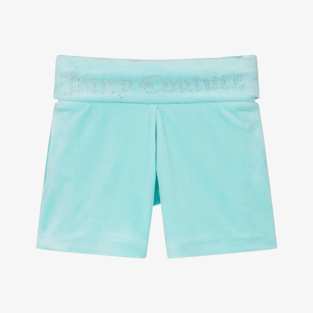 Juicy Couture-Girls Aqua Blue Velour Shorts with Diamanté Logos | Childrensalon Outlet