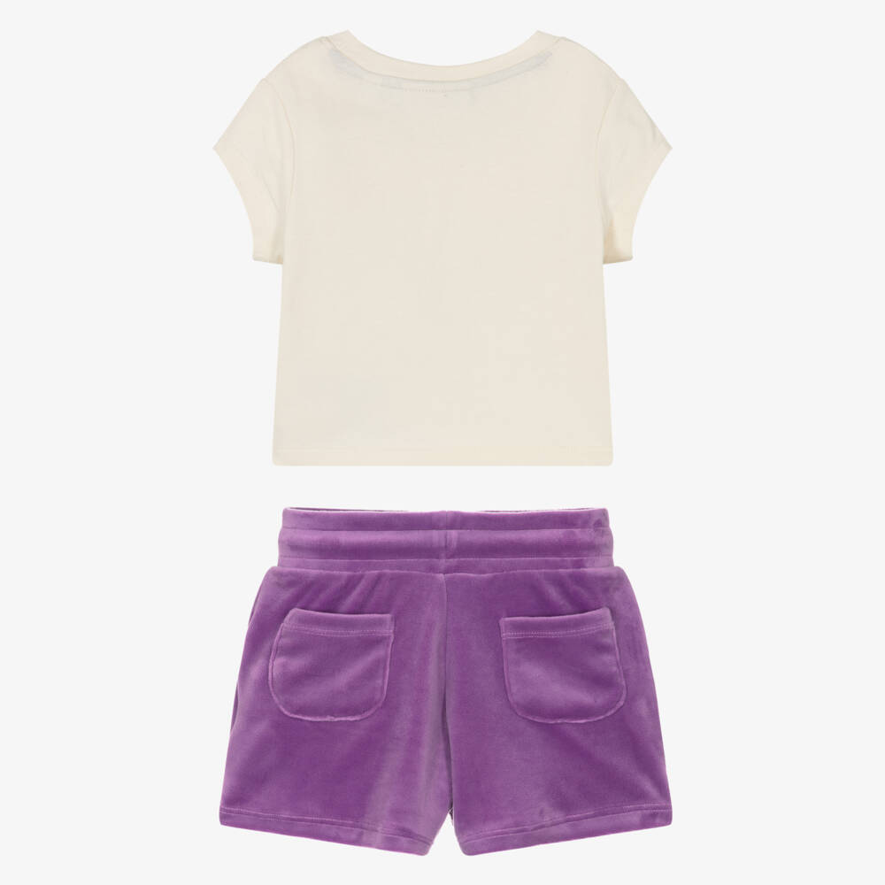 Juicy Couture-Girls Ivory & Purple Cotton & Velour Shorts Set  | Childrensalon Outlet