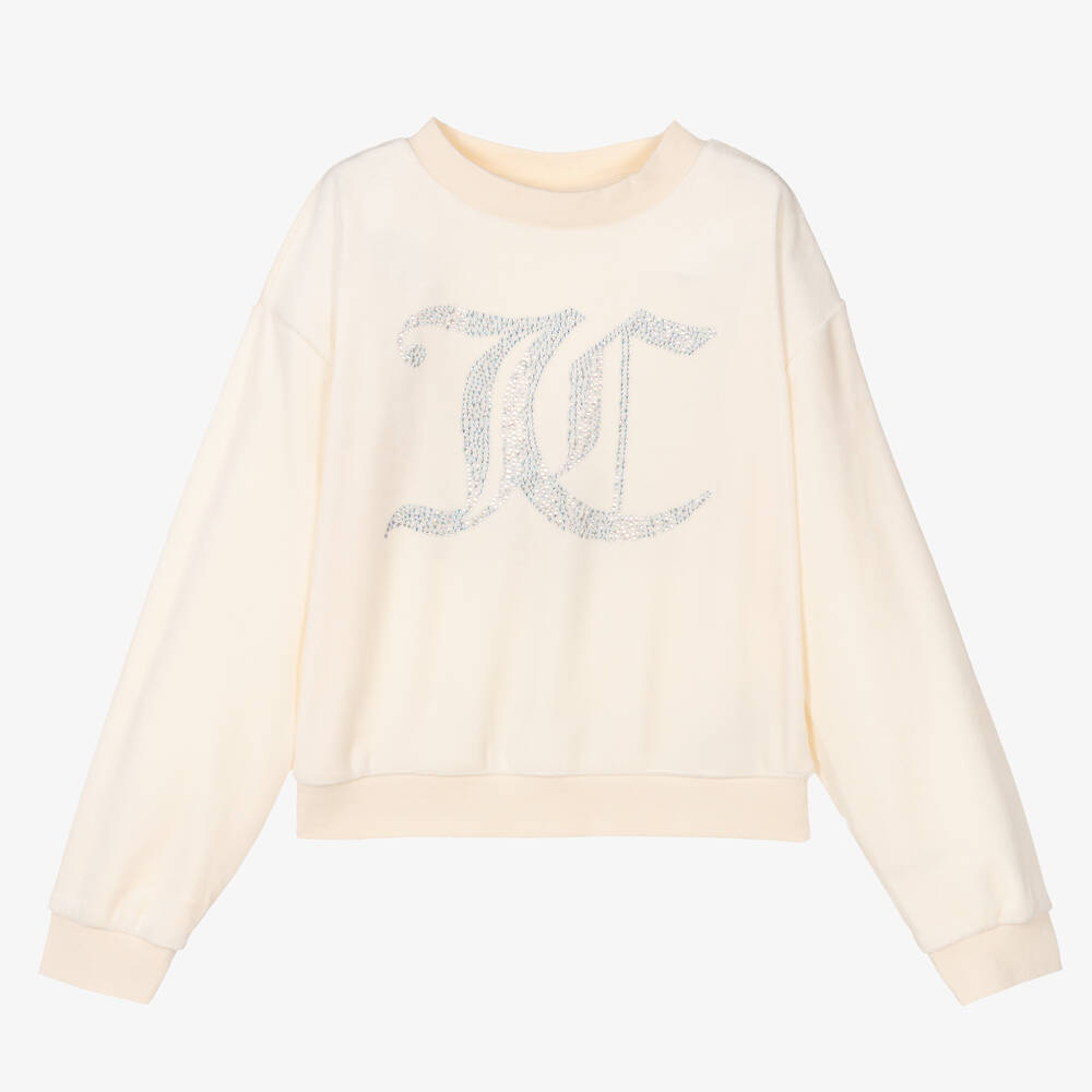 Juicy Couture - Girls Ivory & Silver Diamanté Velour Sweatshirt | Childrensalon