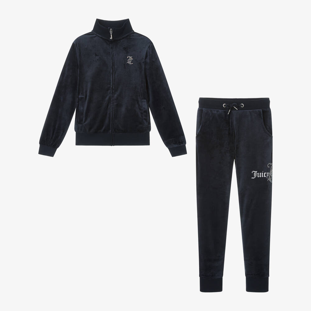 Juicy Couture Girls Navy Blue Velour Slim Fit Tracksuit