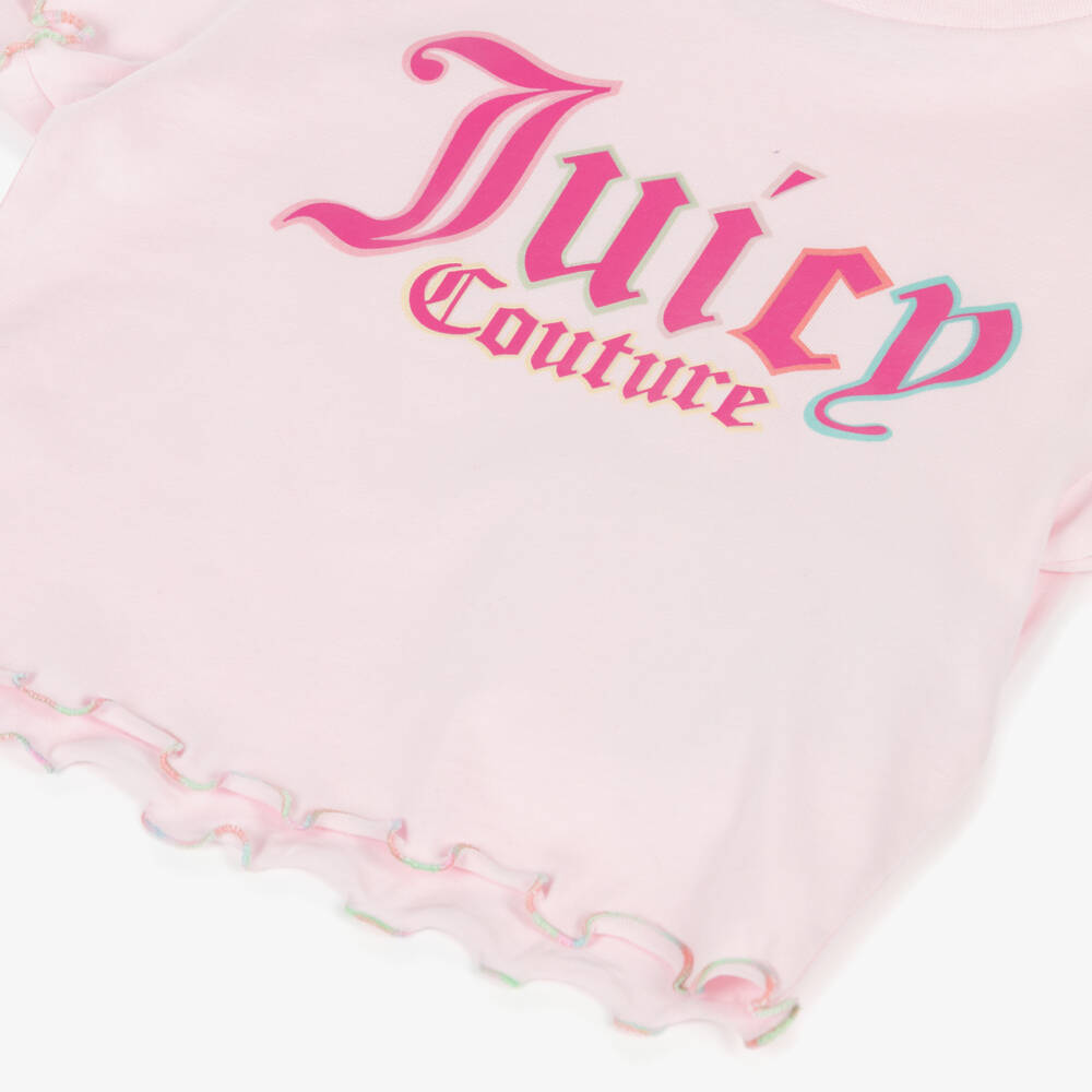 Juicy Couture-Girls Pink Cotton T-Shirt with Rainbow Lettuce Hem | Childrensalon Outlet