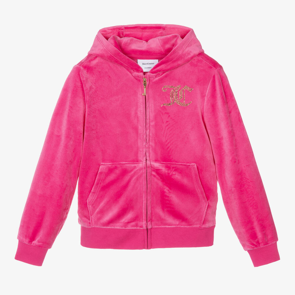 Juicy Couture - توب هودي بسحّاب مزينة بديامنتي قطيفة لون زهري | Childrensalon