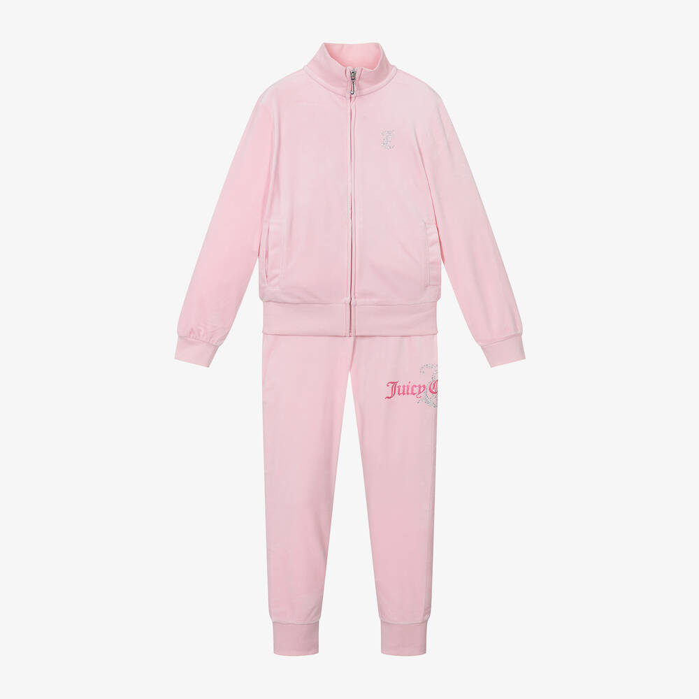 Girls Pink Velour Slim Fit Tracksuit
