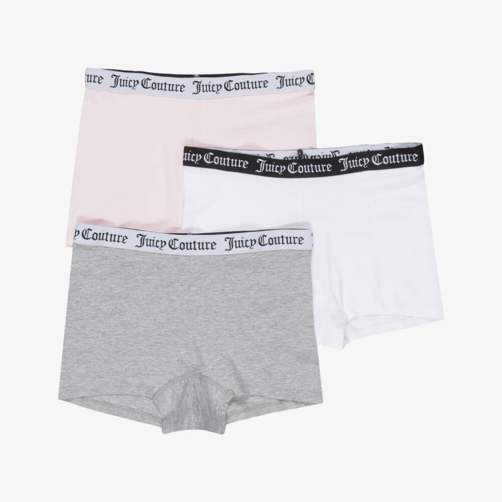 Juicy Couture-Girls Pink White & Grey Cotton Boxer Shorts (3 Pack) | Childrensalon Outlet