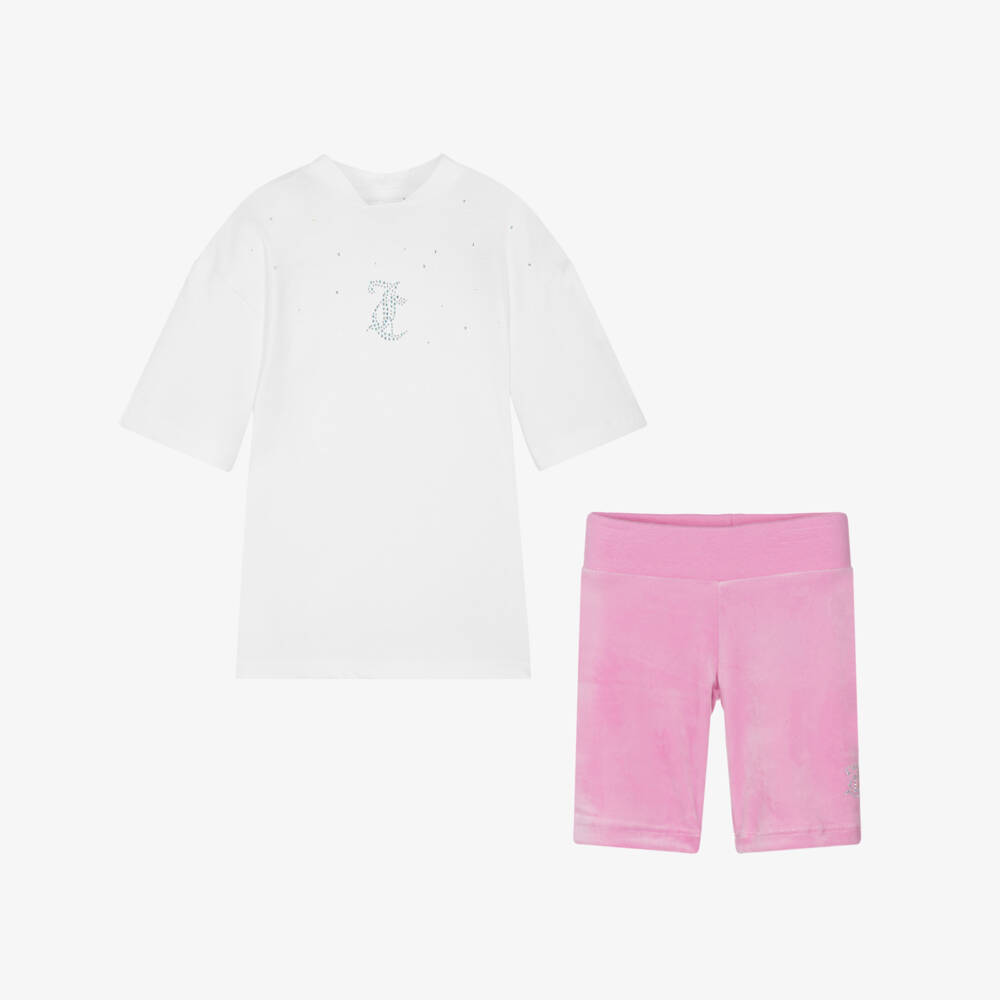 Juicy Couture-Girls White Cotton & Pink Velour Shorts Set | Childrensalon Outlet