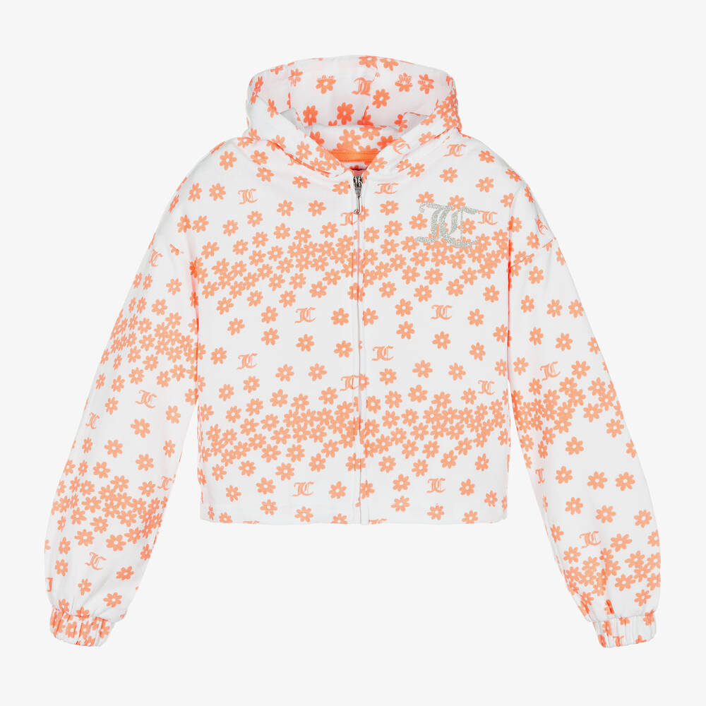 Juicy Couture-توب هودي بسحّاب قطن لون أبيض بطبعة ورود للبنات | Childrensalon Outlet