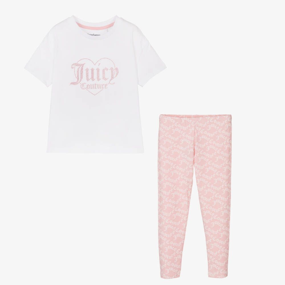 Juicy Couture-Girls White & Pink Cotton Leggings Set | Childrensalon Outlet