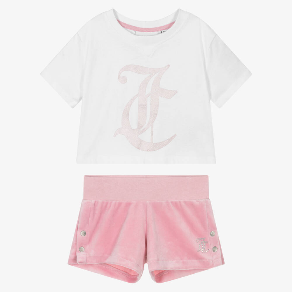 Juicy Couture-Girls White & Pink Cotton & Velour Shorts Set | Childrensalon Outlet