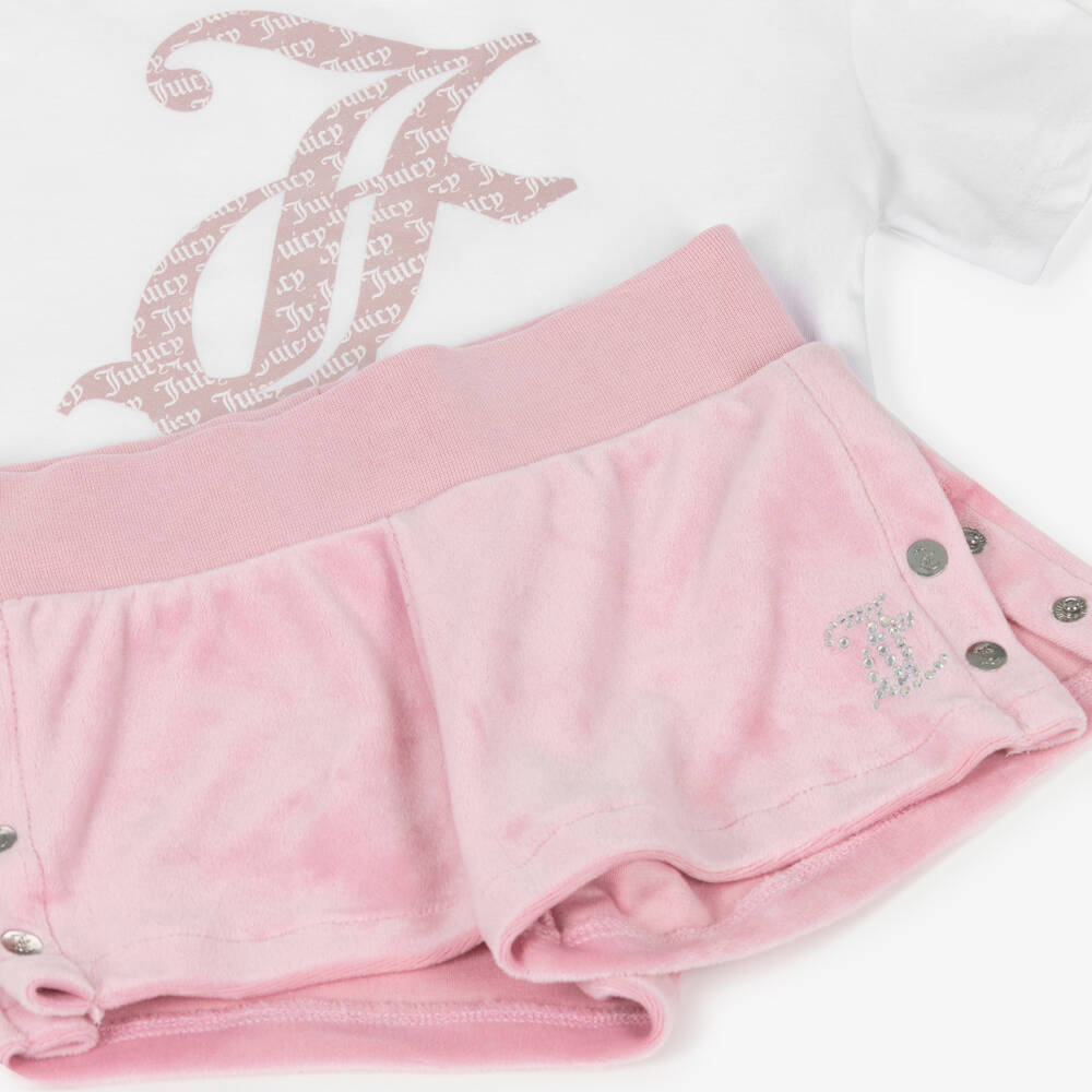 Juicy Couture-Girls White & Pink Cotton & Velour Shorts Set | Childrensalon Outlet