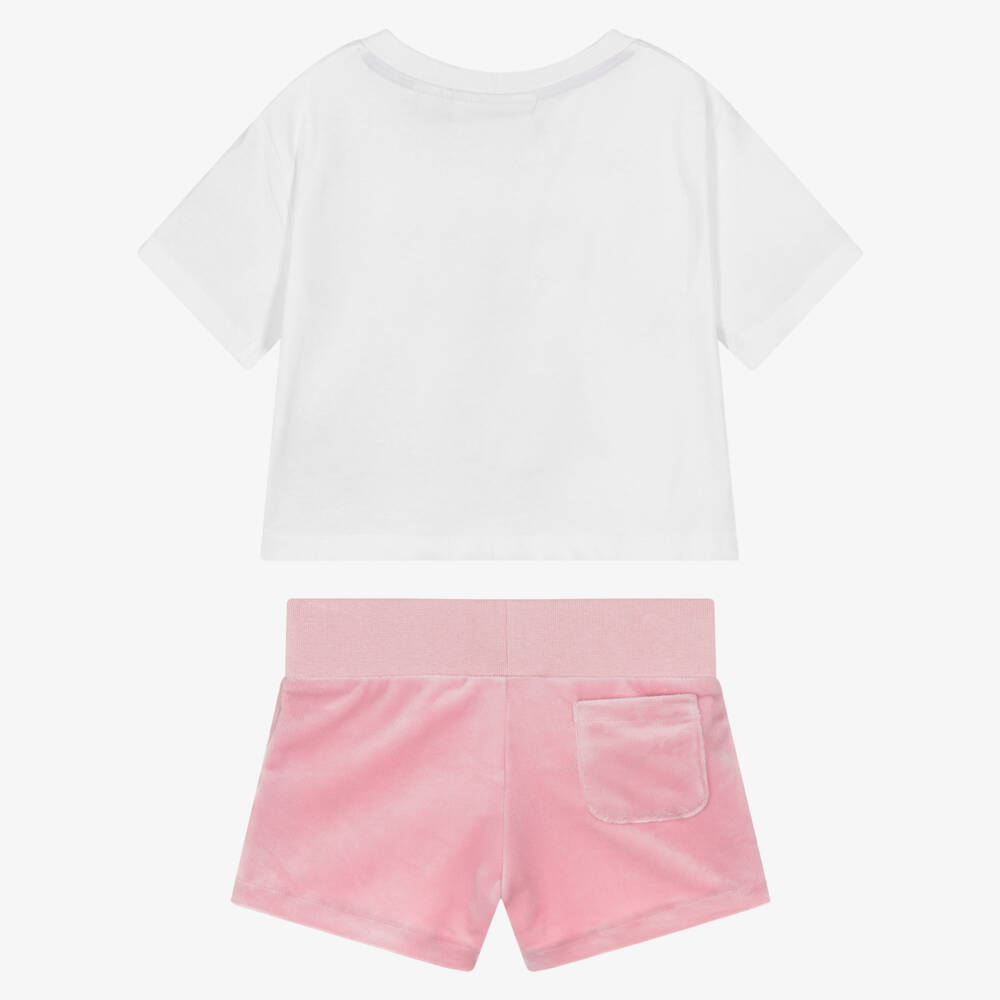 Juicy Couture-Girls White & Pink Cotton & Velour Shorts Set | Childrensalon Outlet