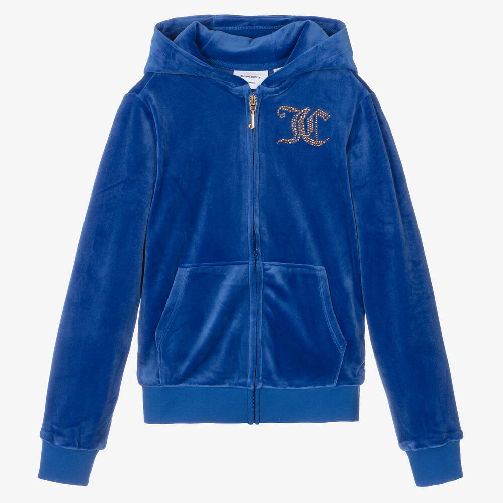 Juicy Couture - توب هودي بسحّاب قطيفة مزين بديامنتي لون أزرق | Childrensalon