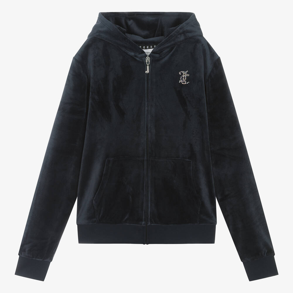 Teen Girls Navy Blue Velour Zip Up Top