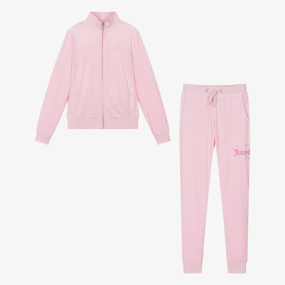 Teen Girls Pink Velour Slim Fit Tracksuit