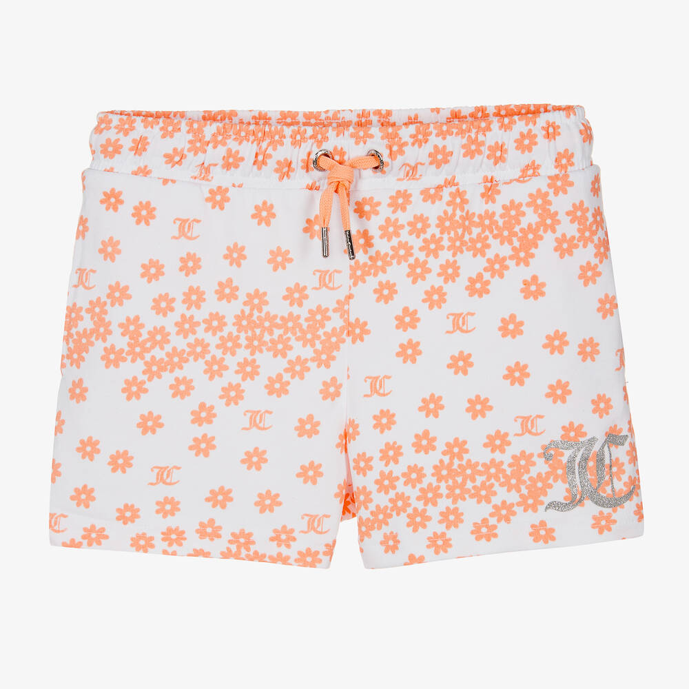 Juicy Couture-شورت تينز بناتي قطن لون أبيض وبرتقالي بطبعة ورود | Childrensalon Outlet