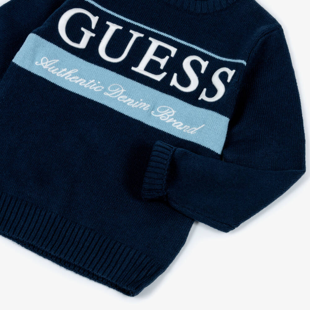 Guess-Junior Boys Blue Knitted Sweater with Embroidered Logo | Childrensalon Outlet