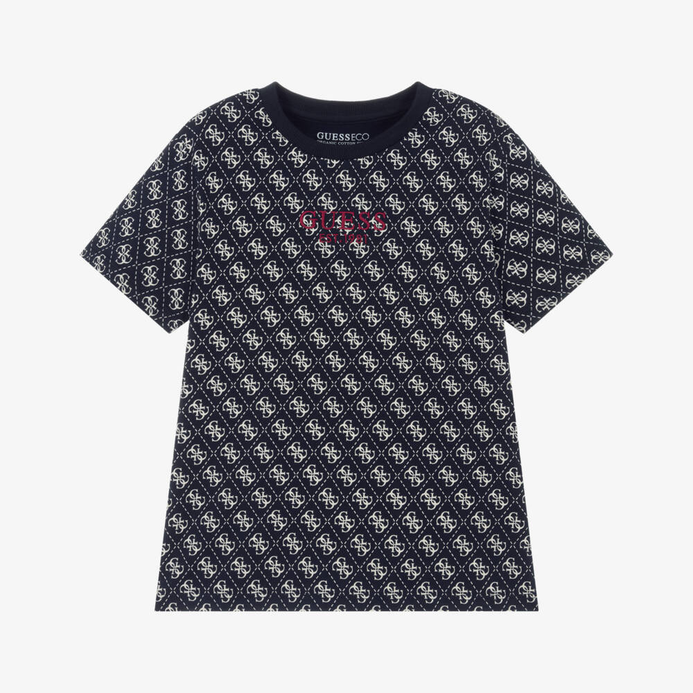 Guess-Junior Boys Navy Blue Cotton 4g Logo T-Shirt | Childrensalon Outlet
