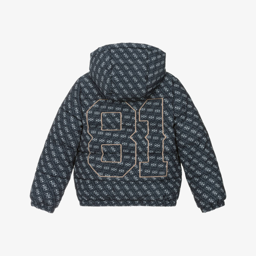 Guess-Junior Boys Navy Blue Hooded 4G Logo Puffer Jacket | Childrensalon Outlet