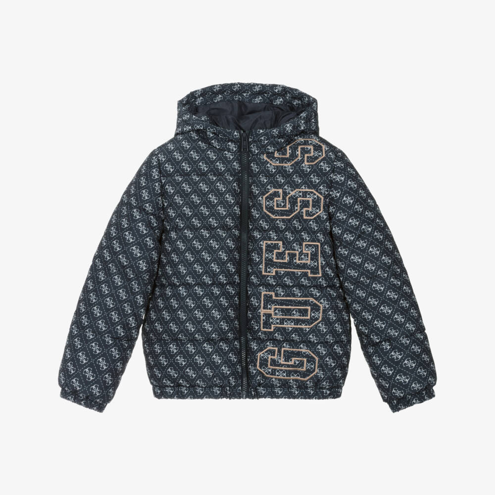 Guess-Junior Boys Navy Blue Hooded 4G Logo Puffer Jacket | Childrensalon Outlet