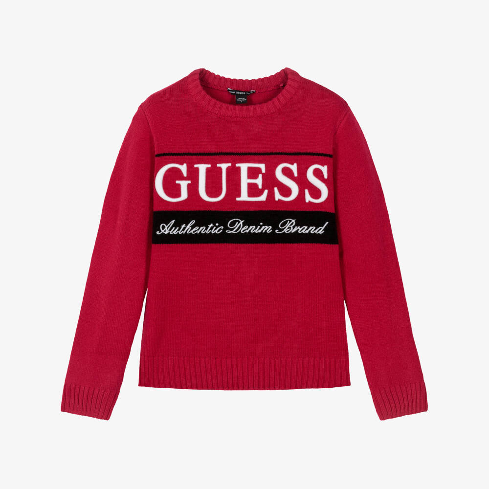 Guess-Junior Boys Red Knitted Sweater with Embroidered Logo | Childrensalon Outlet