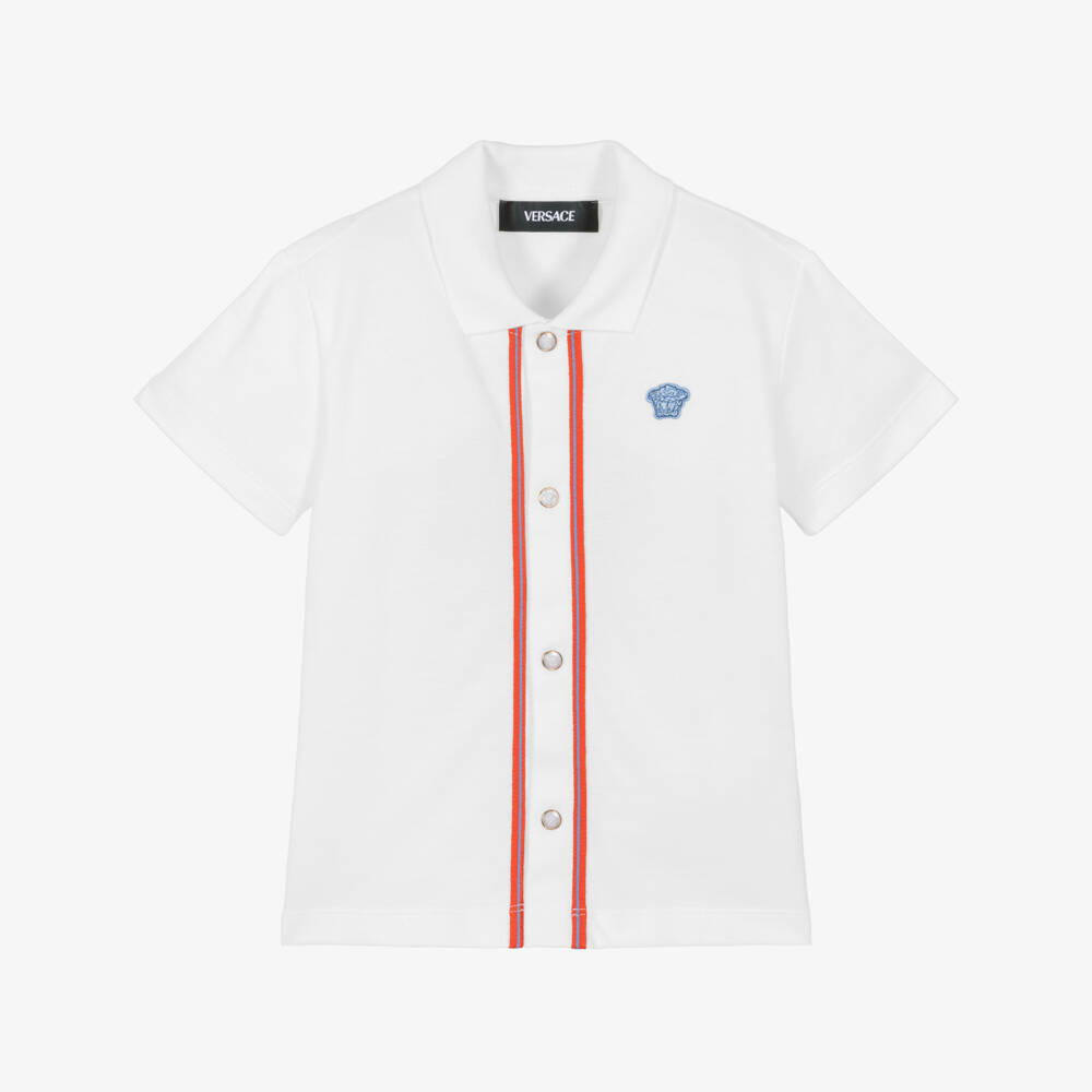 Versace-Junior Boys White Cotton Piqué Medusa Logo Shirt with Red Trim | Childrensalon Outlet
