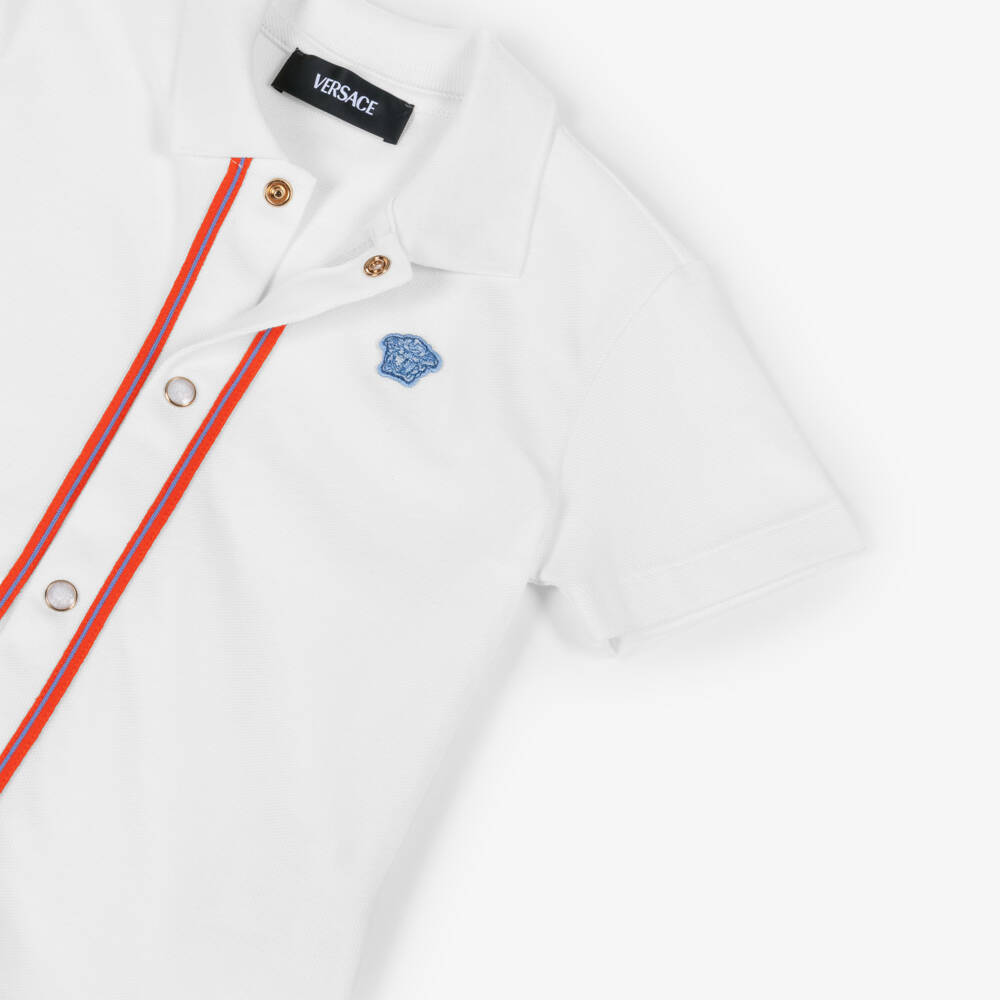 Versace-Junior Boys White Cotton Piqué Medusa Logo Shirt with Red Trim | Childrensalon Outlet