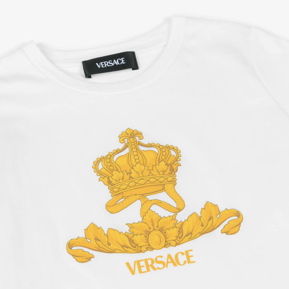 Versace-Junior Boys White Cotton T-Shirt with Gold Logo Crest | Childrensalon Outlet