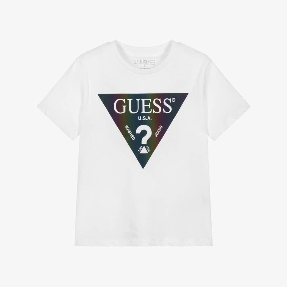 Guess-Junior Boys White Cotton T-Shirt with Reflective Logo | Childrensalon Outlet