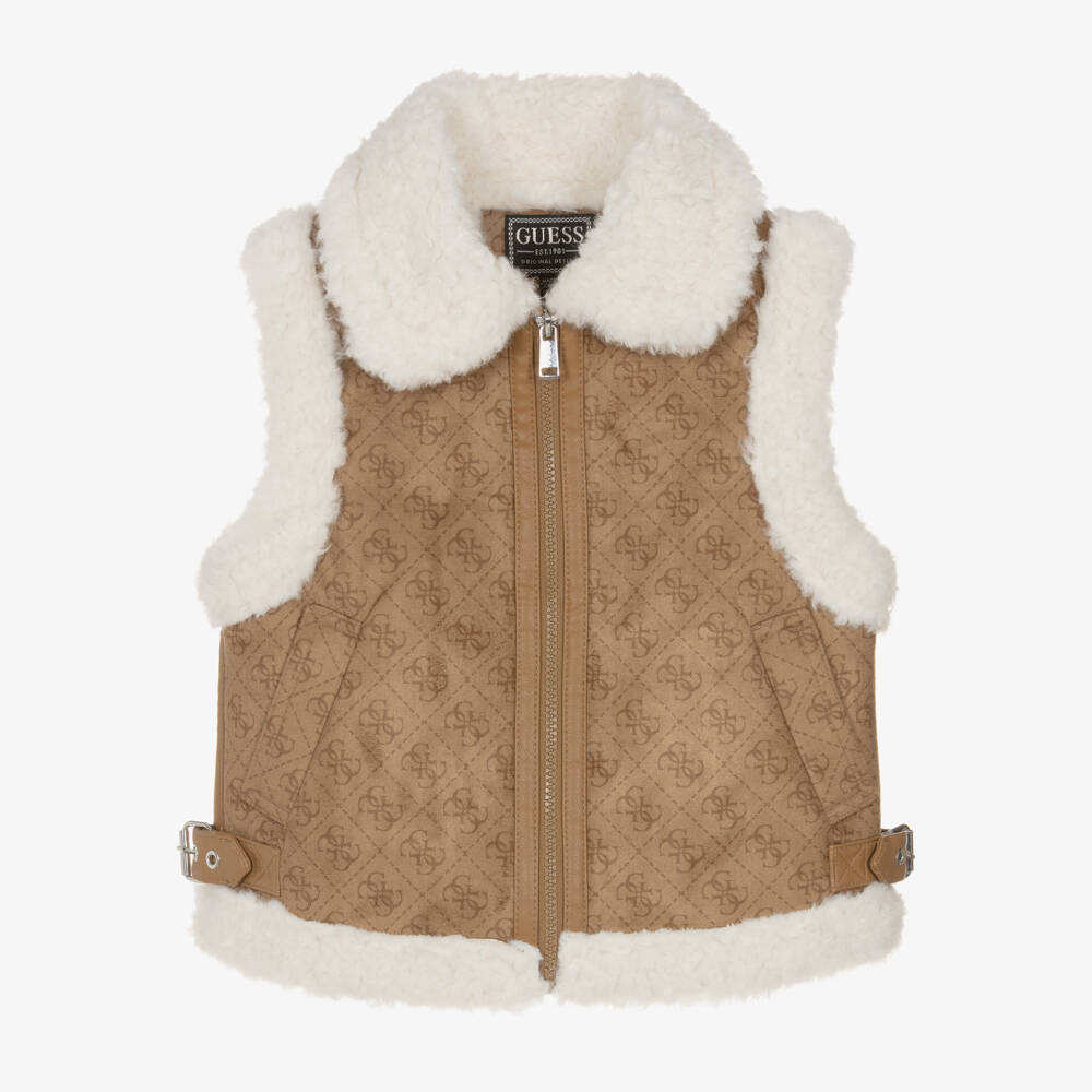 Guess-Junior Girls Beige Faux Suede & Sherpa Fleece 4G Gilet | Childrensalon Outlet