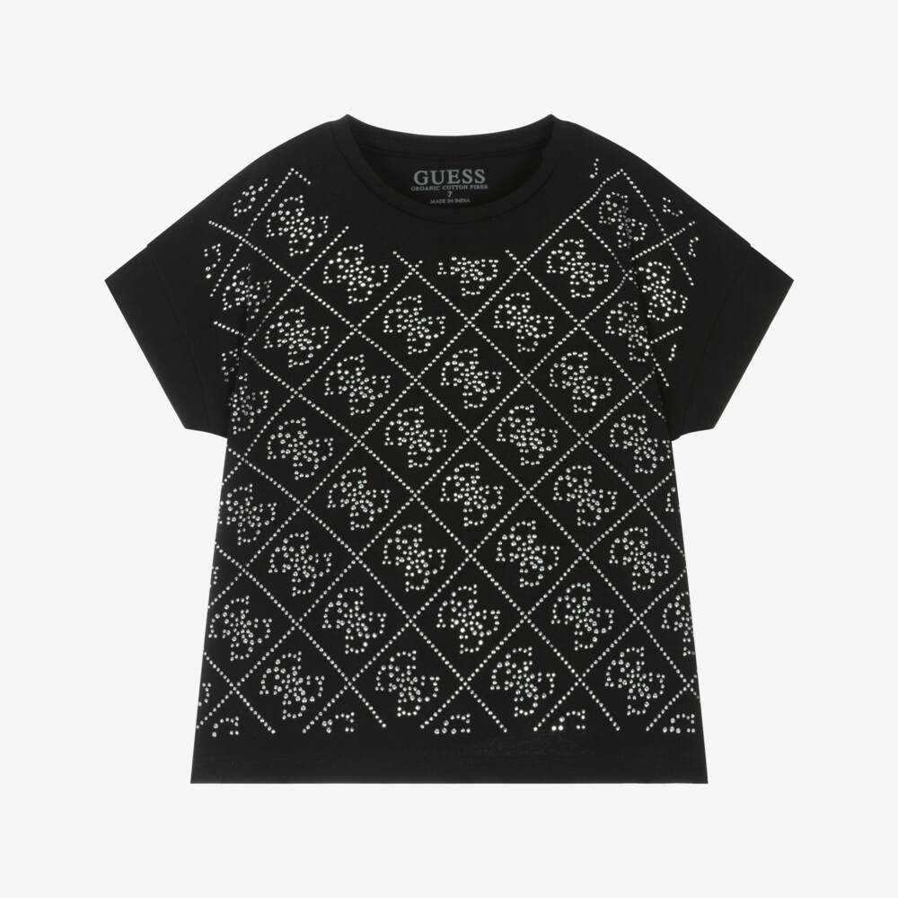 Guess-Junior Girls Black 4G Rhinestone Logo T-Shirt | Childrensalon Outlet