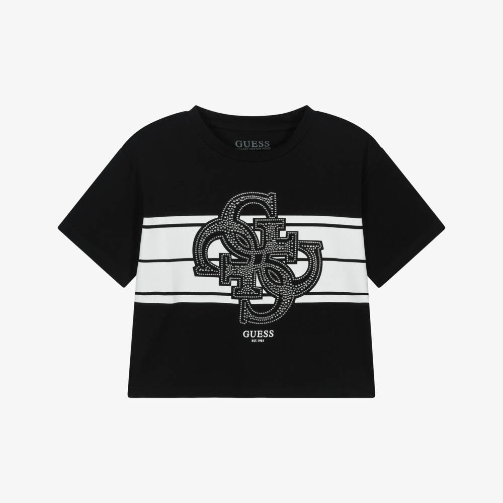 Guess-Junior Girls Black Cotton Diamanté T-Shirt | Childrensalon Outlet