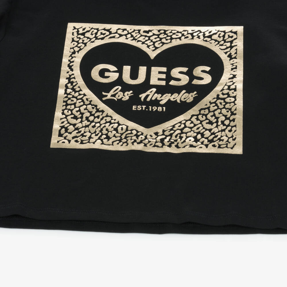 Guess-Junior Girls Black Cotton T-Shirt with Metallic Gold Logo | Childrensalon Outlet