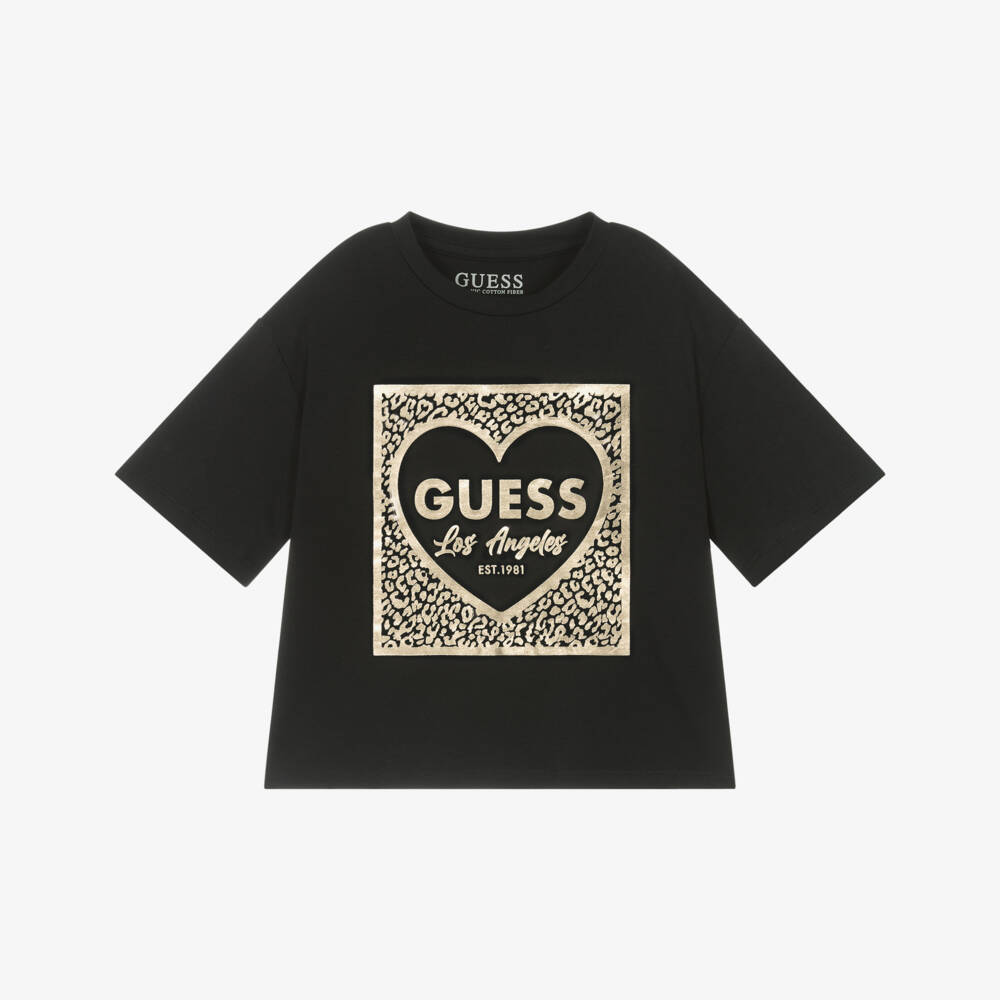 Guess-Junior Girls Black Cotton T-Shirt with Metallic Gold Logo | Childrensalon Outlet