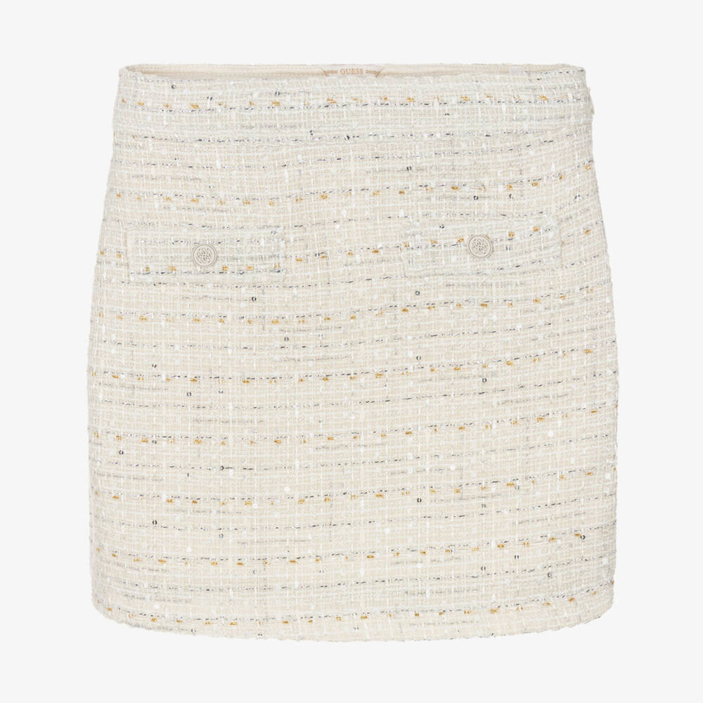 Guess-Junior Girls Ivory Tweed Skirt with Silver Thread & Sequins | Childrensalon Outlet