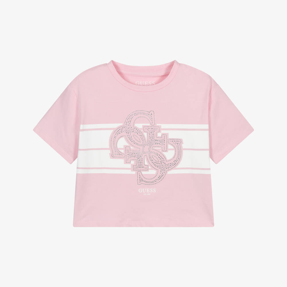 Guess-Junior Girls Pink Cotton Diamanté T-Shirt | Childrensalon Outlet