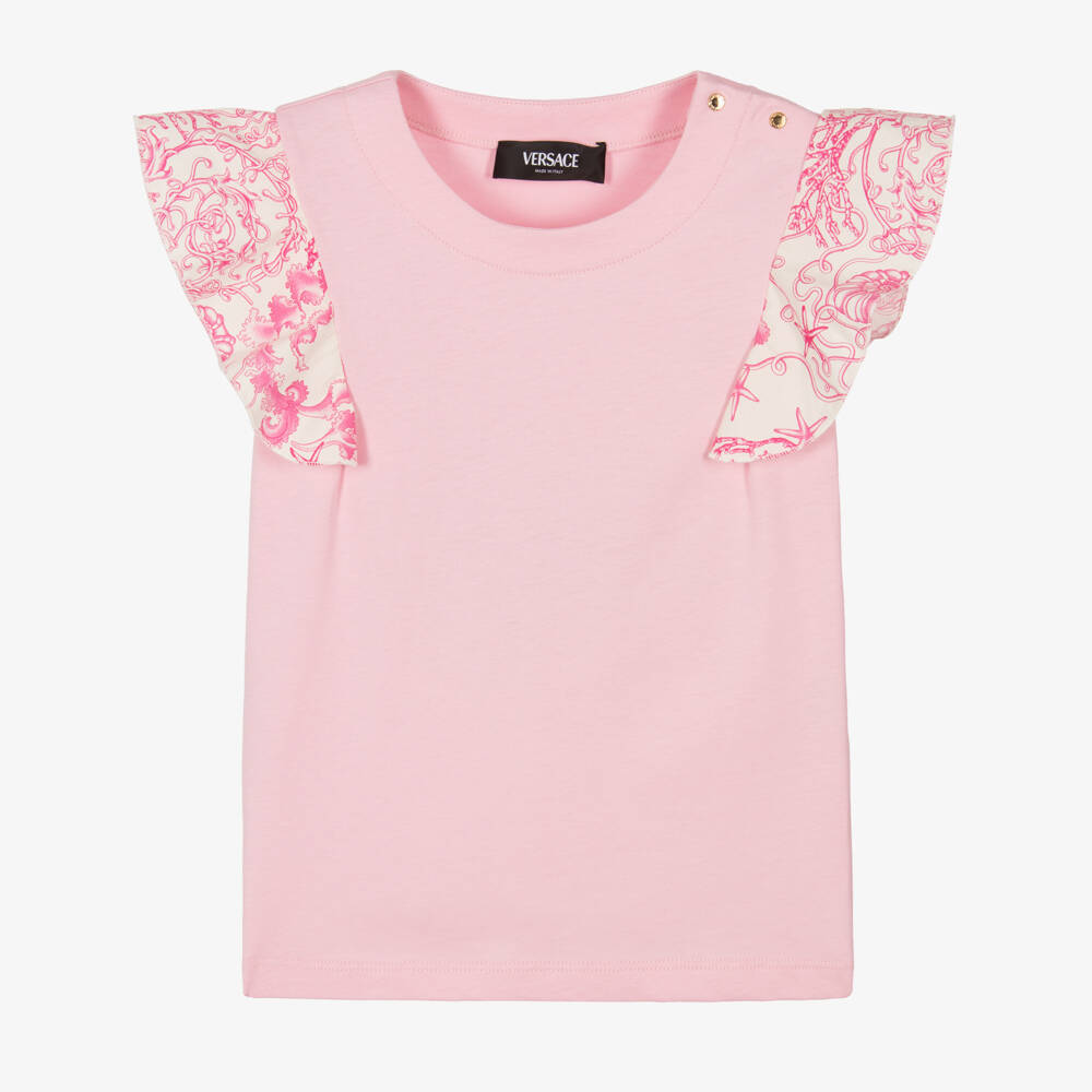 Versace-Junior Girls Pink Cotton Underwater Barocco Sleeve T-Shirt | Childrensalon Outlet